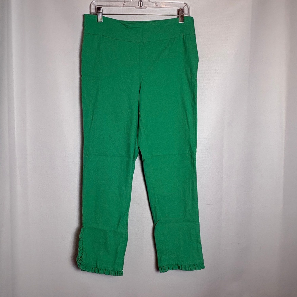 Womens Kelly Green Ruffle Hem Cropped Pants Straight Leg Pull On Stretch Size 10